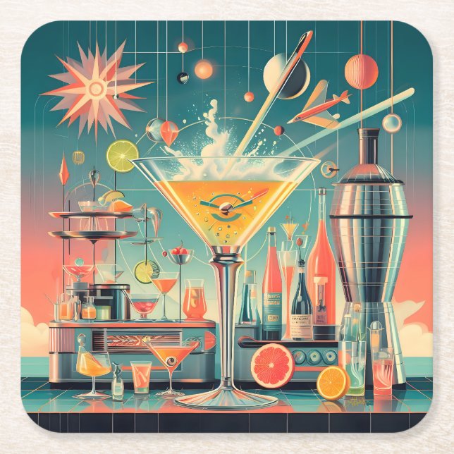 Mitte Jahrhunderts Atomusiontic Citrus Martini Bar Rechteckiger Pappuntersetzer (Vorderseite)