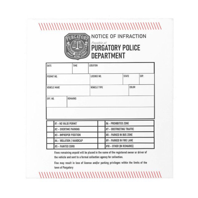 Mitteilung der Polizeibehörde Notizblock (Vorderseite)