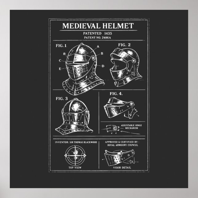 Mittelalter-Helm-Blueprint Poster (Vorne)