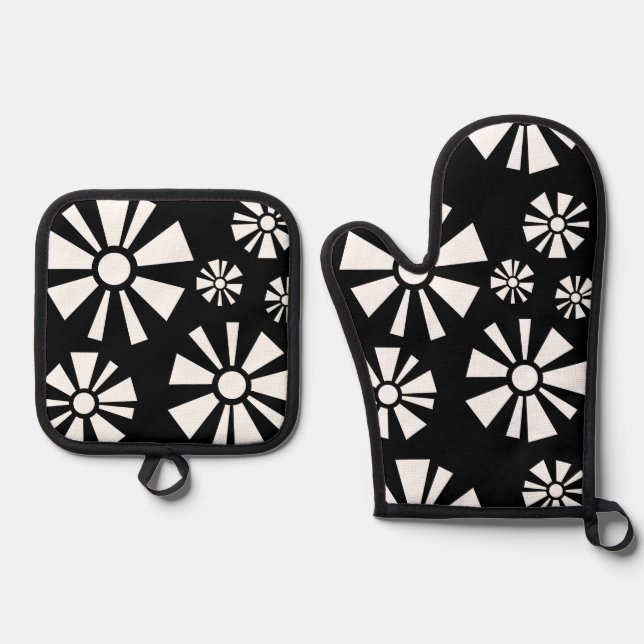 Mittelalter Moderne Blume Schwarz-weiß Ofenhandschuh & Topflappen-Set (Vorderseite)