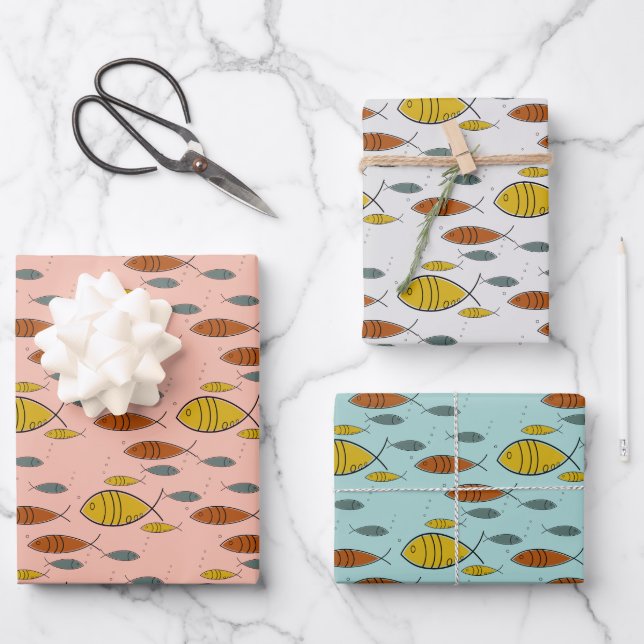 Mittelalter Moderne Fische Atomzeitalter Rosa Blau Geschenkpapier Set (Vorderseite)