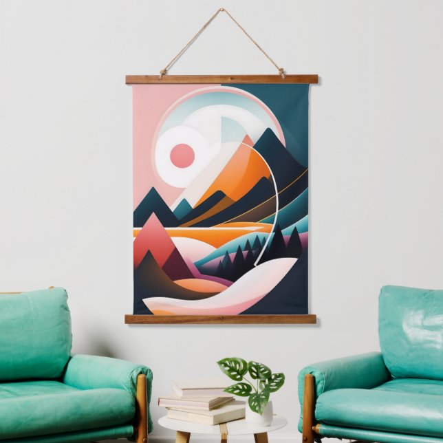 Mittelalter Moderne Kunst Abstrakte Berge Wandteppich Mit Holzrahmen (Wohnzimmer)