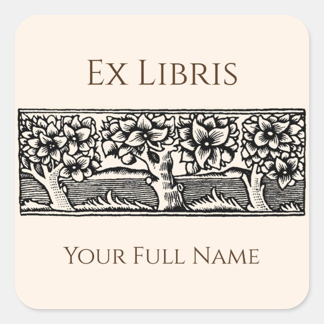 Mittelalterliche Bäume Ex Libris Buchzeichen, bear Quadratischer Aufkleber (Vorderseite)