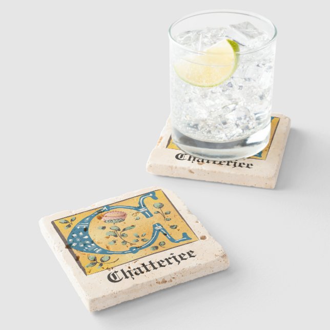 mittelalterliche blorbeleuchtete Buchstaben C Mono Steinuntersetzer (Seitenansicht)