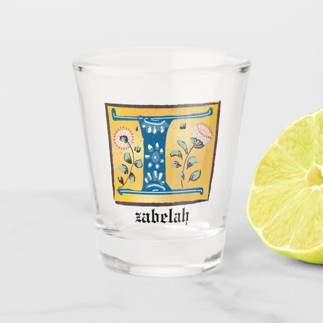 mittelalterliche blutlichtfarbene Buchstaben I Mon Schnapsglas (Vorderseite)