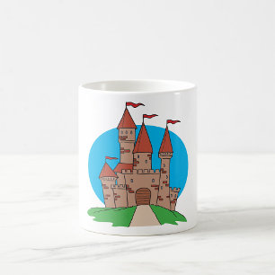 Mittelalterliche Burg auf einem Hügel mit roten Fl Kaffeetasse