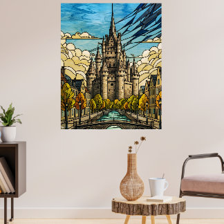 Mittelalterliche Burg über Kanal Buntglas Kunst Il Poster