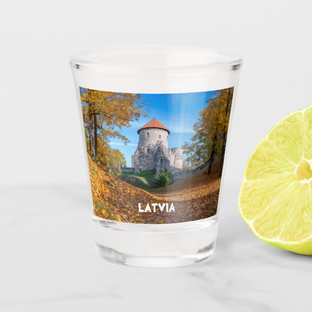 Mittelalterliche Burg umgeben von Wäldern Schnapsglas (Vorderseite)