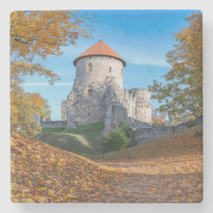 Mittelalterliche Burg umgeben von Wäldern Steinuntersetzer