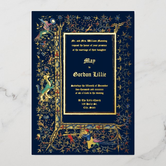 Mittelalterliche ca. 1415 beleuchtete Hochzeit Folieneinladung (Vorderseite)