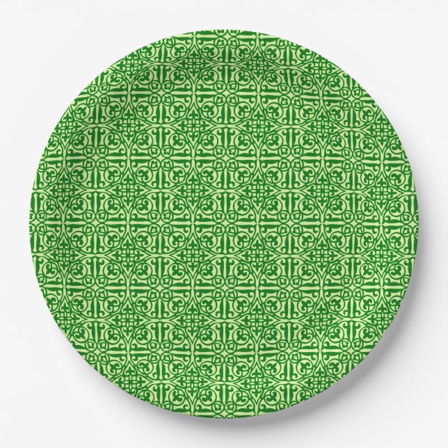 Mittelalterliche Damaske Fleur-de-lis, dunkelkiefe Pappteller (Vorderseite)