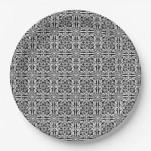 Mittelalterliche Damaske Fleur-de-lis, schwarz-wei Pappteller