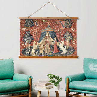 Mittelalterliche Dame und Einhorn (1484 - 1500) Wandteppich Mit Holzrahmen