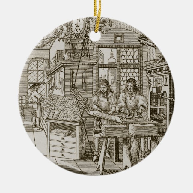 Mittelalterliche deutsche Druckmaschine (Stich) Keramikornament (Vorne)