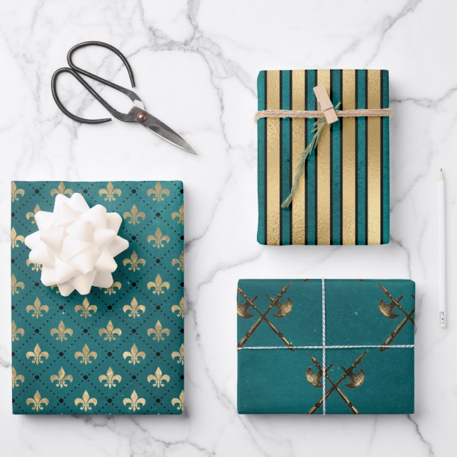 Mittelalterliche Gold Rüstung Aquamarin Elegantes  Geschenkpapier Set (Vorderseite)