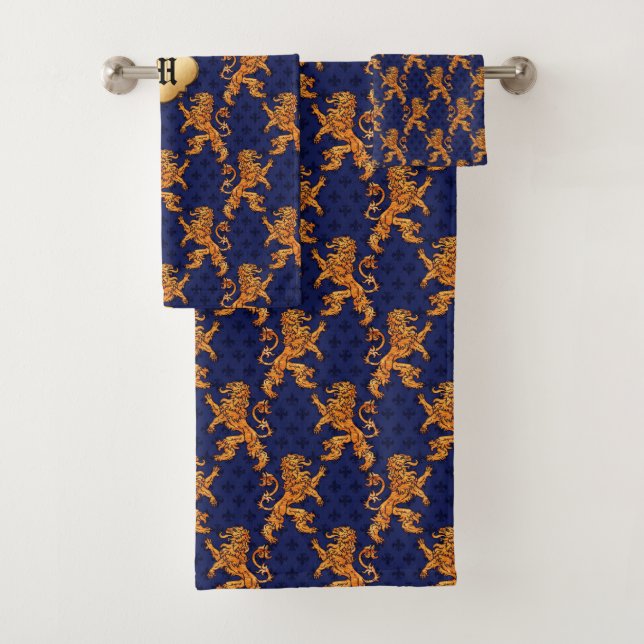Mittelalterliche Goldlöwe-Blau-Lilie Badhandtuch Set (Insitu)