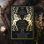 Mittelalterliche Hochzeit der Black Royal Lion Folieneinladung<br><div class="desc">Feiern Sie Ihren besonderen Tag mit diesem Royal Lion Medieval Sword Wedding Design. Dieses Design verfügt über einen Rahmen mit zwei Löwen und Blume. Die Rückseite dieses Produktes ist flach bedruckt und NICHT echter Folie.</div>