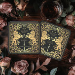 Mittelalterliche Hochzeit der Black Royal Lion Rechteckiger Pappuntersetzer<br><div class="desc">Fügen Sie Ihrem Tischfußball königlichen Charme hinzu! Diese individuellen Untersetzer zeichnen sich durch ein majestätisches Löwen- und Blumendesign mit Ihren Namen und Monogramm aus, alle in luxuriösem Gold vor schwarzem Hintergrund. Ideal für eine mittelalterliche Fantasy-Feier mit zeitloser Eleganz! Das Gold in diesem Artikel ist NICHT reale Folie und wird in...</div>