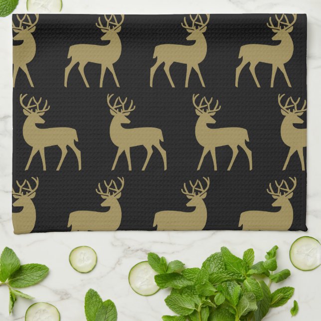 Mittelalterliche Holiday Deer Pattern Schwarz und  Geschirrtuch (Gefaltet)