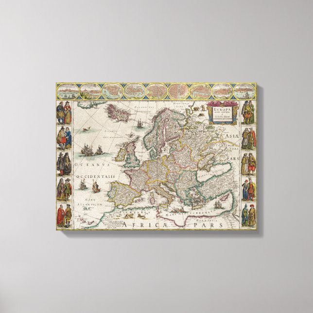 Mittelalterliche Karte Europas (von Willem Blaeu) Leinwanddruck (Vorderseite)