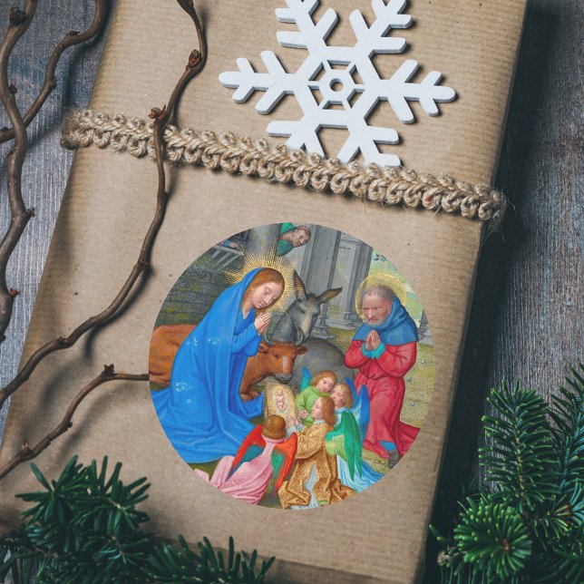 Mittelalterliche Katholische Christliche Weihnacht Runder Aufkleber (Catholic Christian Christmas Nativity Scene from Medieval Illuminated Manuscript Round Gift Sticker)