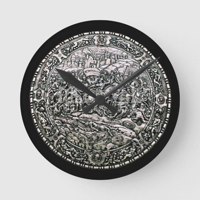 MITTELALTERLICHE KRIEGSSCHIELFALLE RUNDE WANDUHR (Vorderseite)