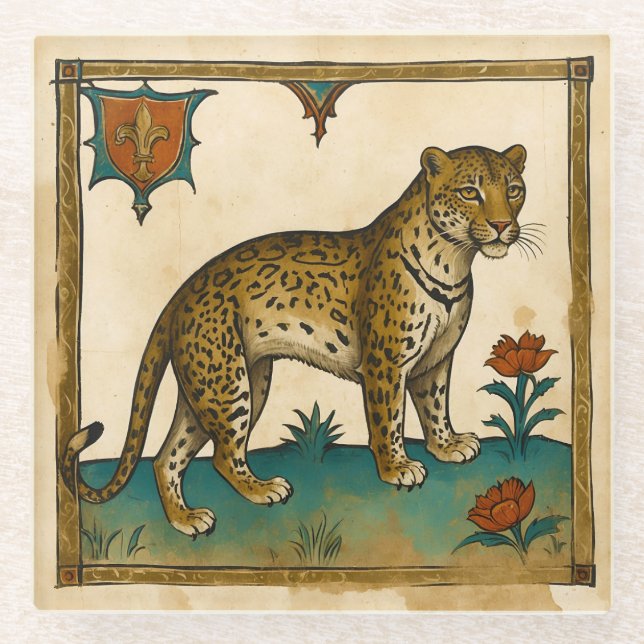 Mittelalterliche Kunst Leopard mit roten Blume Glasuntersetzer (Vorderseite)