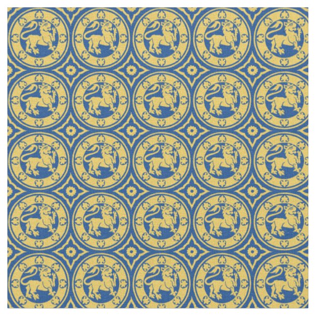 Mittelalterliche Löwen, blau gelb Stoff (Nahaufnahme)