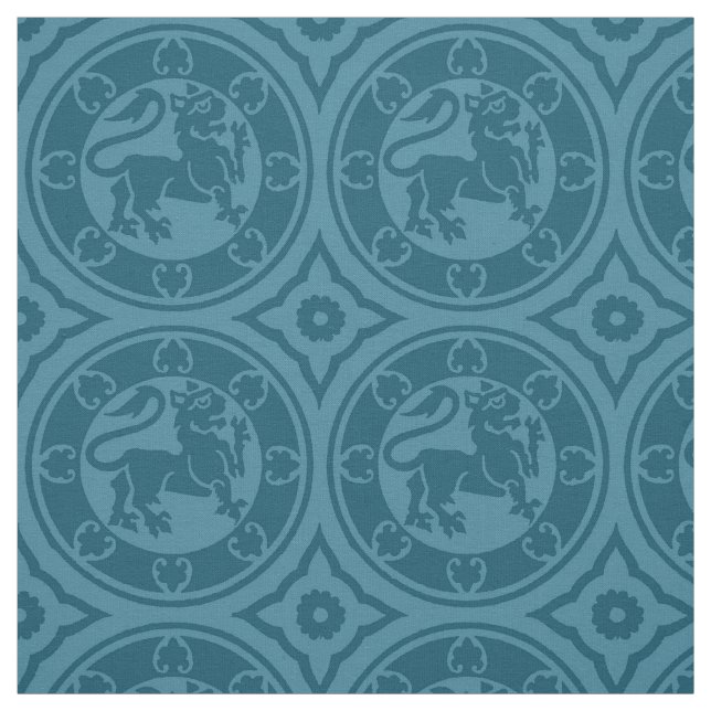 Mittelalterliche Löwen, Peacock Blue Stoff (Muster)