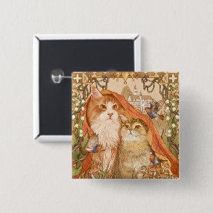Mittelalterliche Märchenkatzen mit Vögeln und Blum Button