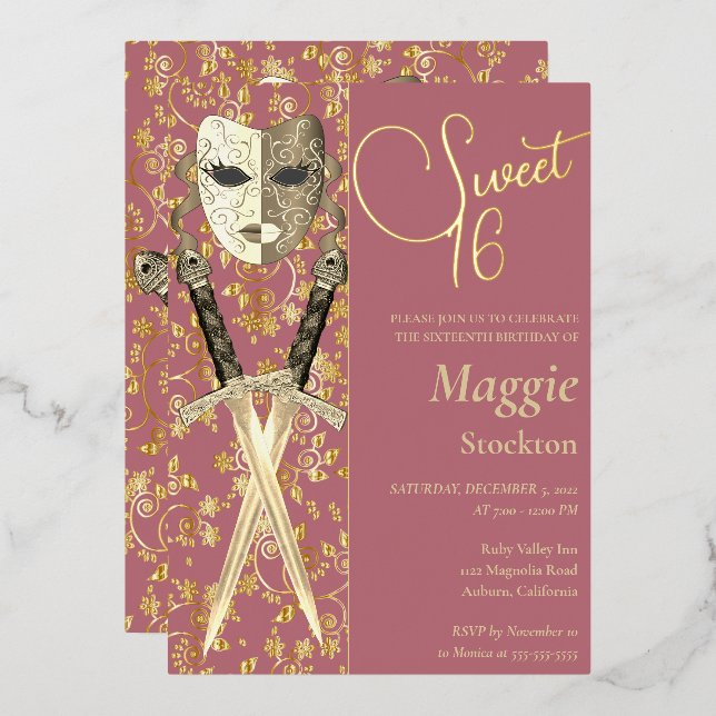 Mittelalterliche Masquerade Sweet 16 Einladung (Vorderseite/Rückseite)