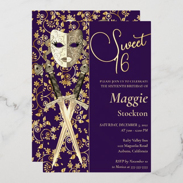 Mittelalterliche Masquerade Sweet 16 Einladung (Vorderseite/Rückseite)
