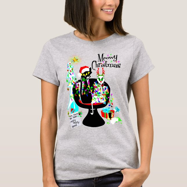 Mittelalterliche moderne Atomkatze Meowy Weihnacht T-Shirt (Vorderseite)
