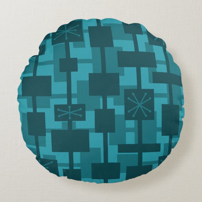 Mittelalterliche moderne geometrische Aquamarin Rundes Kissen (Vorderseite)