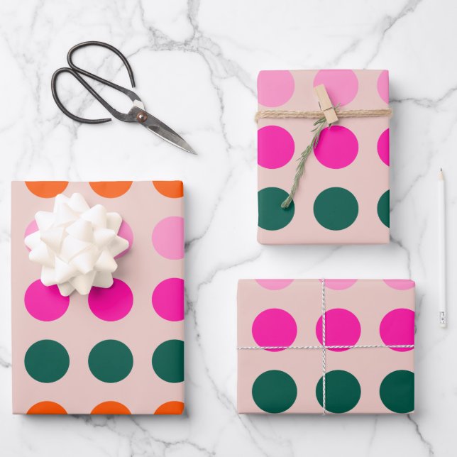 Mittelalterliche moderne geometrische Polka-Punkte Geschenkpapier Set (Vorderseite)