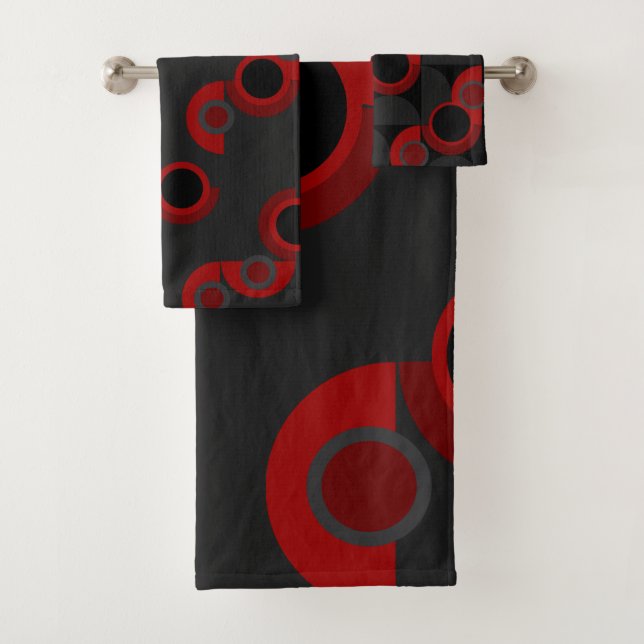 Mittelalterliche Moderne Rot, Schwarz und Grau Badhandtuch Set (Insitu)