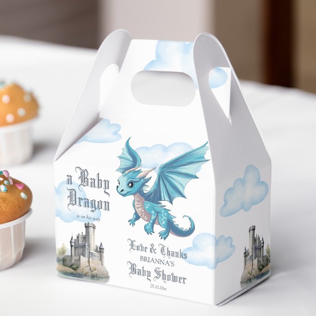 Mittelalterliche niedlich-blaue Drachenbabydusche  Geschenkschachtel (Medieval cute blue baby dragon baby shower favors personalized printed favor boxes)