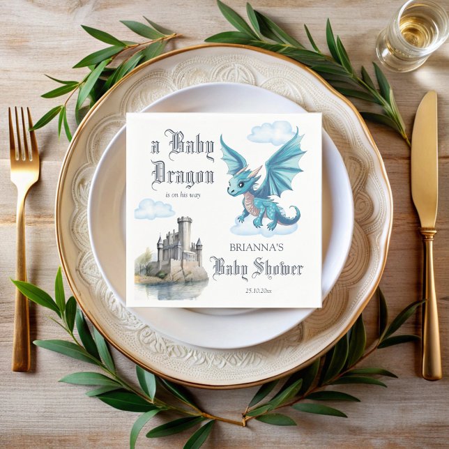 Mittelalterliche niedliche Baby Dragon Babydusche  Serviette (Medieval cute blue baby dragon baby shower monogrammed napkins personalized printed napkins)
