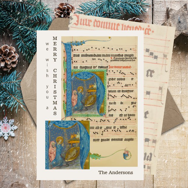 Mittelalterliche Noten Religiöse Weihnachtskrippe Feiertagskarte (Vintage Medieval Sheet Music Religious Christian Catholic Merry Christmas Nativity Holiday Card)