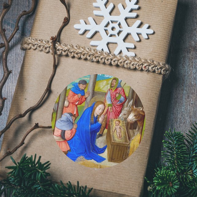 Mittelalterliche religiöse Christliche Weihnachtsk Runder Aufkleber (Medieval Vintage Religious Christian Catholic Christmas Nativity Scene Classic Gift Sticker)