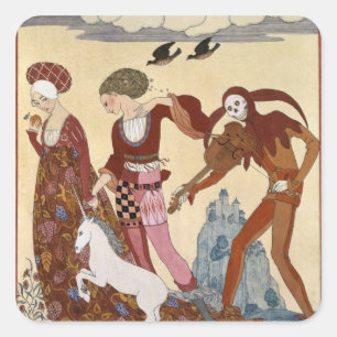 Mittelalterliche Szene durch Georges Barbier Quadratischer Aufkleber