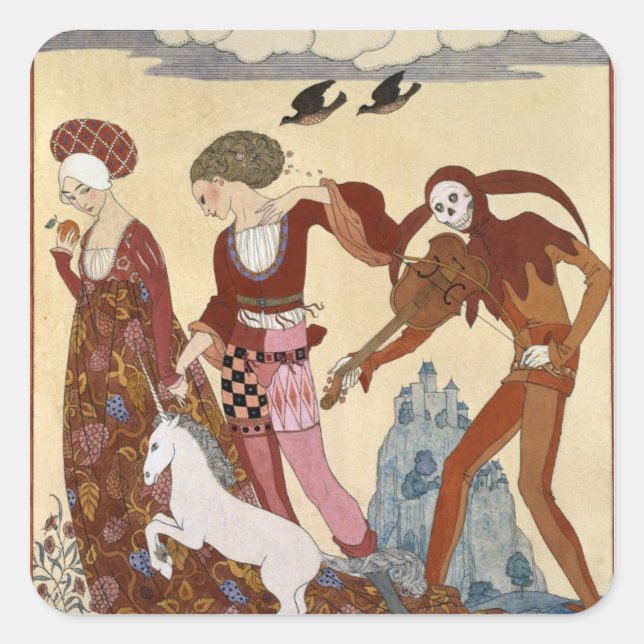 Mittelalterliche Szene von Georges Barbier Quadratischer Aufkleber (Vorderseite)