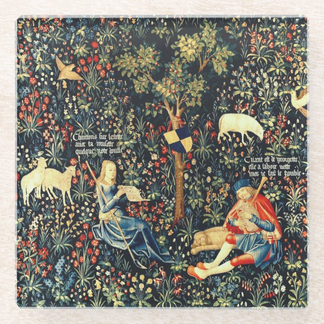 Mittelalterliche Tapisserie-Hirten und Schafe Glasuntersetzer (Vorderseite)