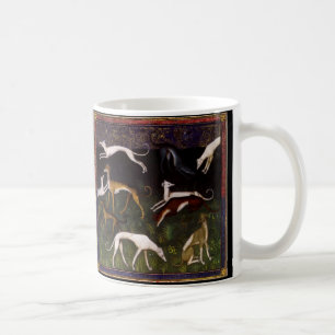 Mittelalterliche Windhund-Hunde im tiefen Holz Kaffeetasse