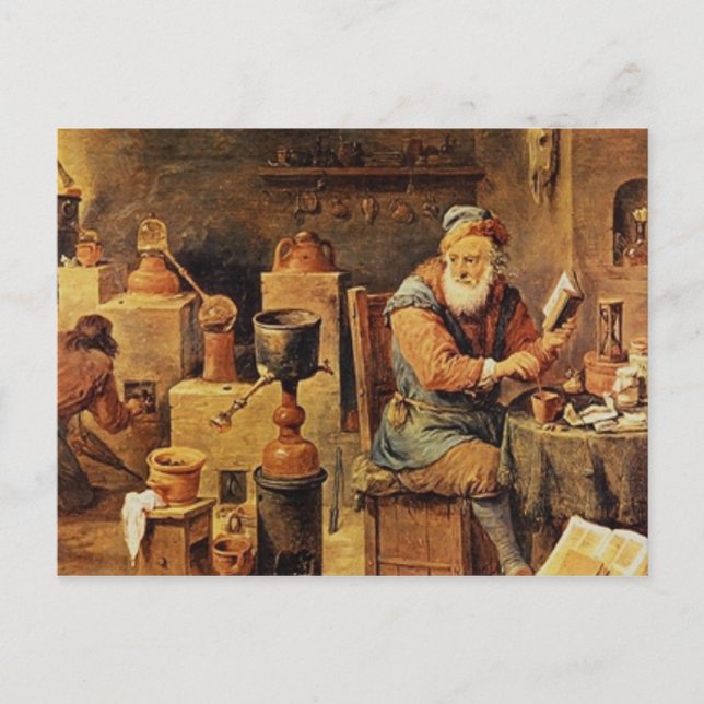 Mittelalterlicher Alchemist am Arbeitsplatz Postkarte (Vorderseite)
