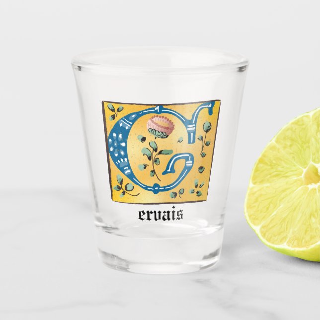 mittelalterlicher blorbeleuchteter Buchstabe G Mon Schnapsglas (Vorderseite)