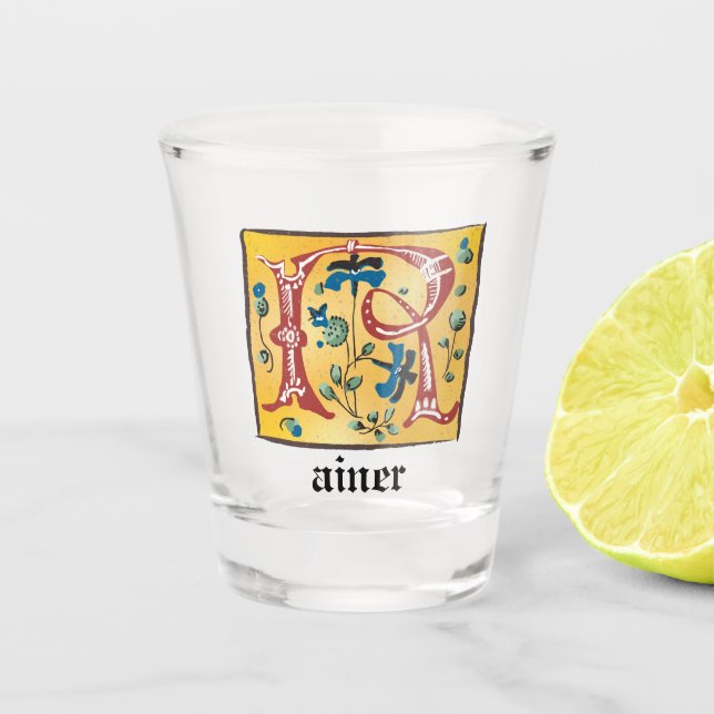 mittelalterlicher blorbeleuchteter Letter R Monogr Schnapsglas (Vorderseite)