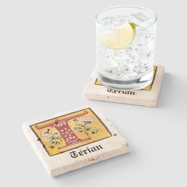 mittelalterlicher blorbeleuchteter Letter T Monogr Steinuntersetzer (Seitenansicht)