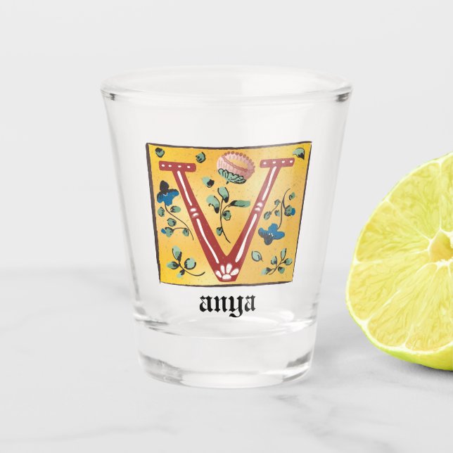 mittelalterlicher blorbeleuchteter Letter V Monogr Schnapsglas (Vorderseite)