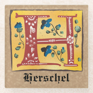 Mittelalterlicher blutlichter Letter H Monogramm Glasuntersetzer